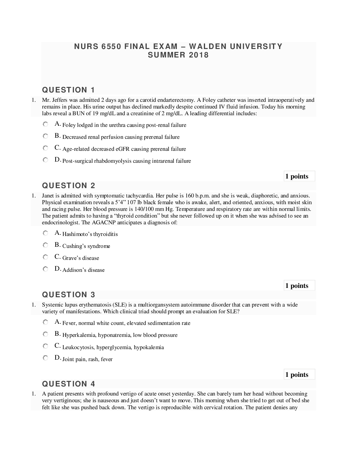 Preview image for NURS 6550 FINAL EXAM – WALDEN UNIVERSITY SUMMER 2018
